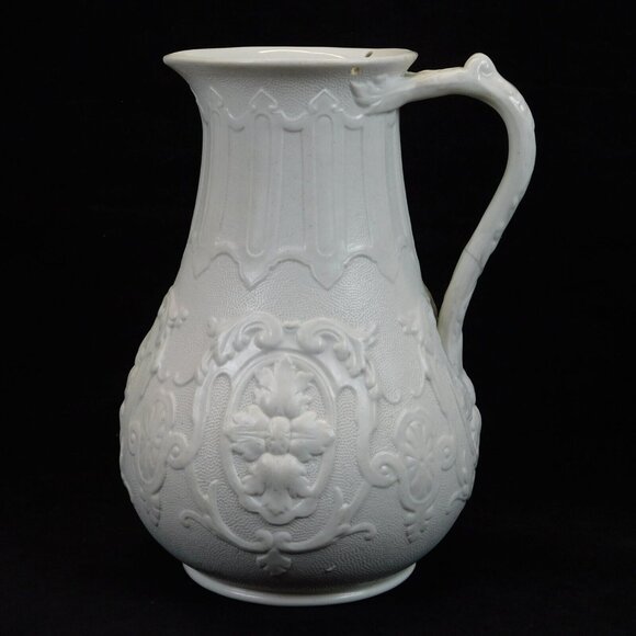 William Brownfield Donatello White Salt Glazed Pottery Embossed 7" Pitcher FLAW - Picture 1 of 12